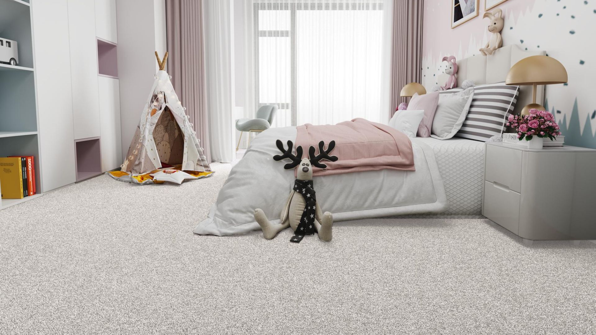 soft textured carpets in a child's bedroom with calming textures and pink and beige tones